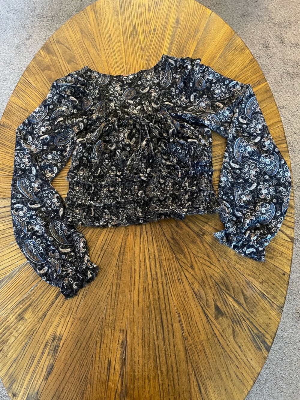 Free People Black Paisley Smocked Long-Sleeve Crop Top